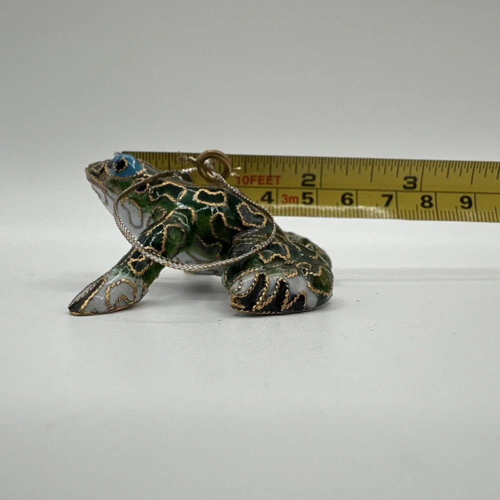 Vintage Cloisonné Enamel Frog Ornament Figurine Green & Gold Decorative Frog